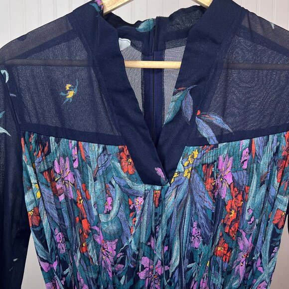 Vintage 70s Floral Pleated Midi Dress Navy Blue Long Sleeve Peplum Tie Waist - Picture 7 of 14
